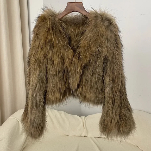 Natural Raccoon Fur Jacket New Thickened Warm V-neck Double-sided Woven … - Picture 7 of 15